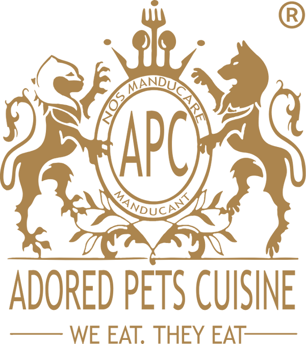 Adored Pets Cuisine logo, with emblem and tagline "We Eat. They Eat"