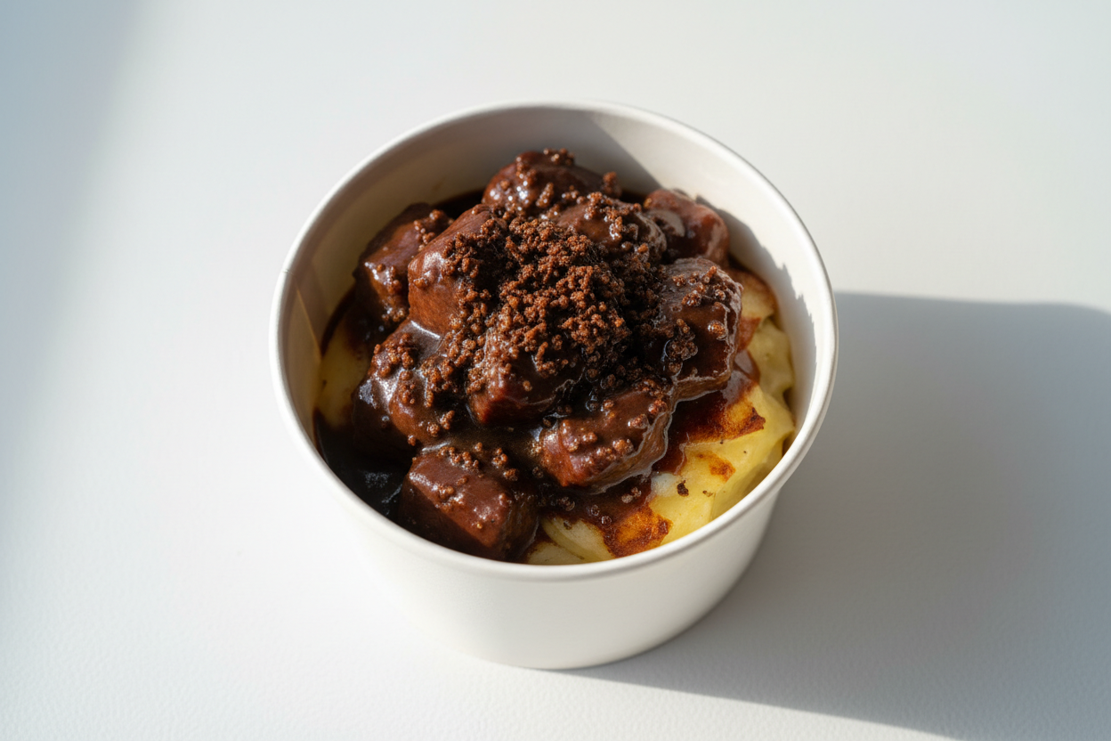 create an image of venison chunks in gravy, topped with fine liver sprinkles with a hint of dauphinois pototos underneath in a plain white, 4 inch paper tub