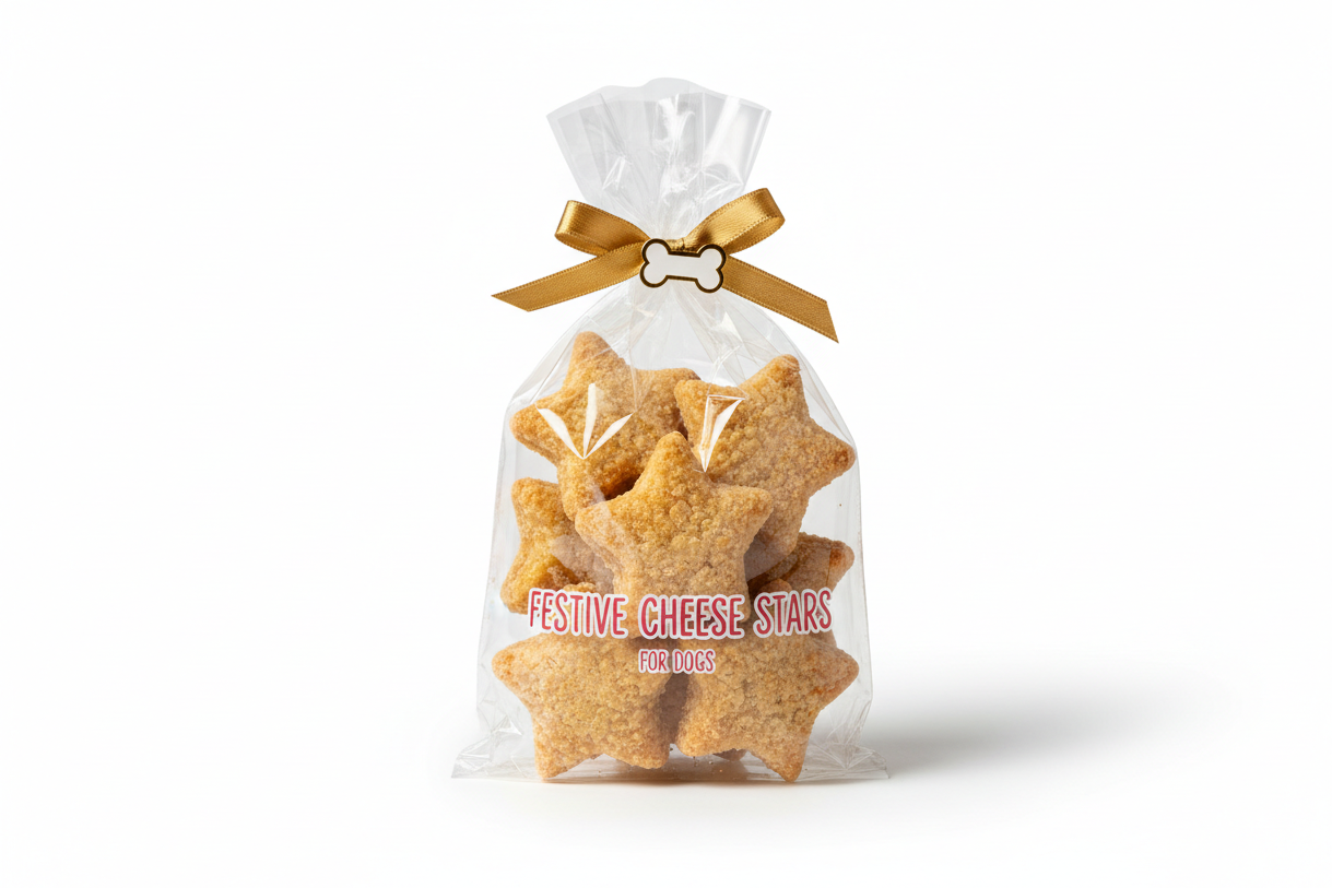 generate an image of a 2 inch, festive, lightly baked cheese star. Pack of 6