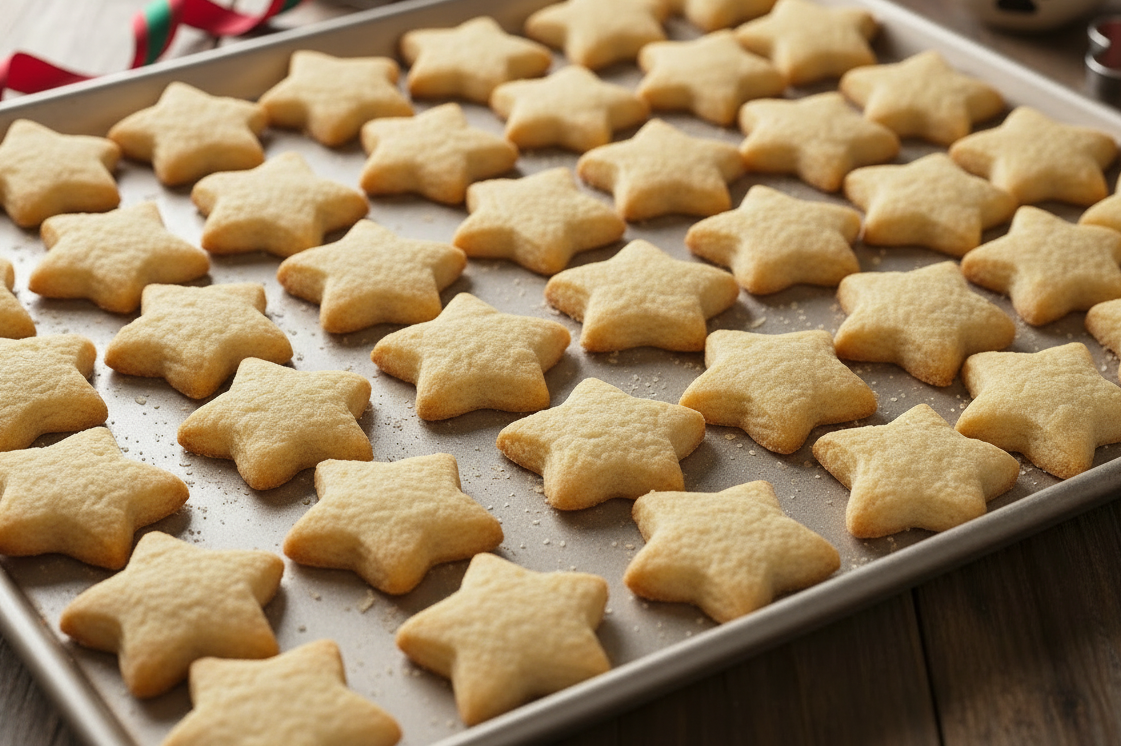 generate an image of a 2 inch, festive, lightly baked cheese star. show the baked cheese pieces on a baking tray with a large batch for cats and dogs