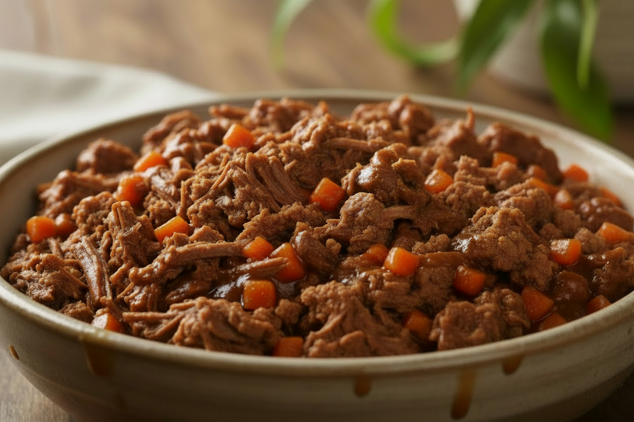 generate an image of mince meat, minced carrots, sausage mince, in gravy 