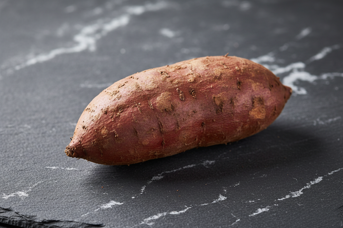 Uncooked Sweet Potato on Grey Slate